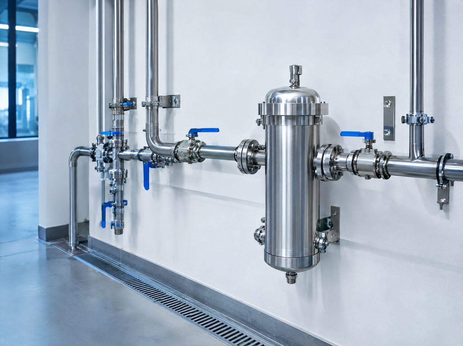 Edelstahl-Wasserleitungen in einem Technikraum