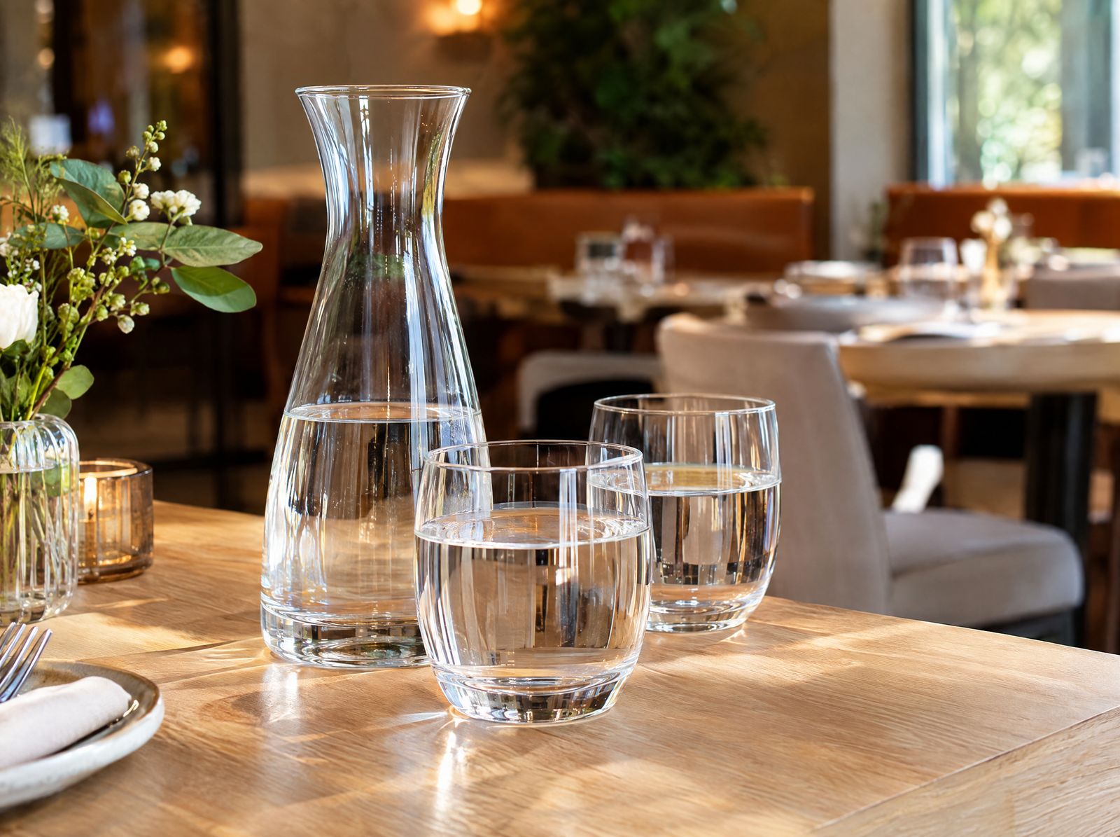 Wasserkaraffe und Gläser auf einem Restauranttisch