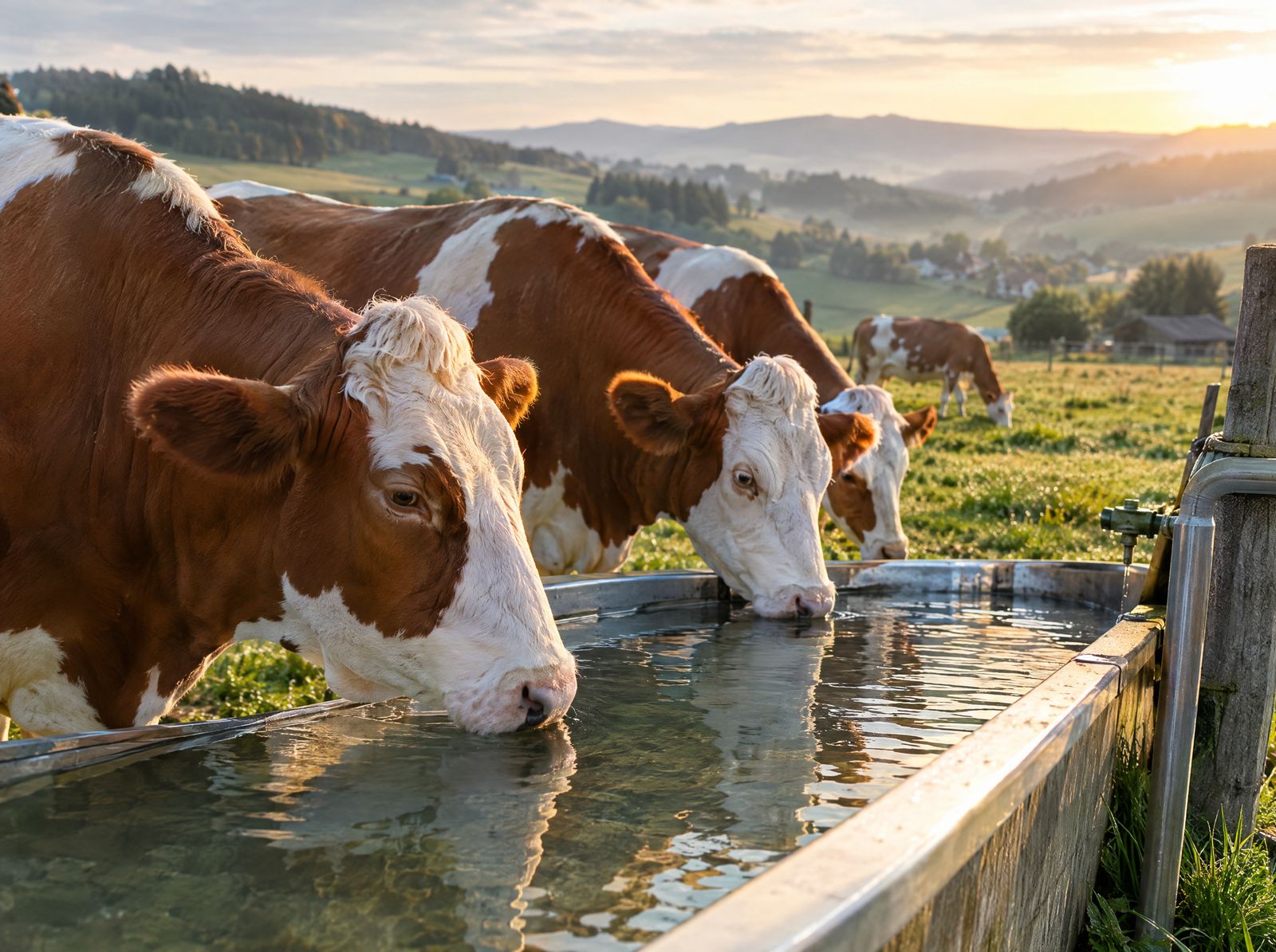 Kühe trinken an einer Tränke auf der Weide