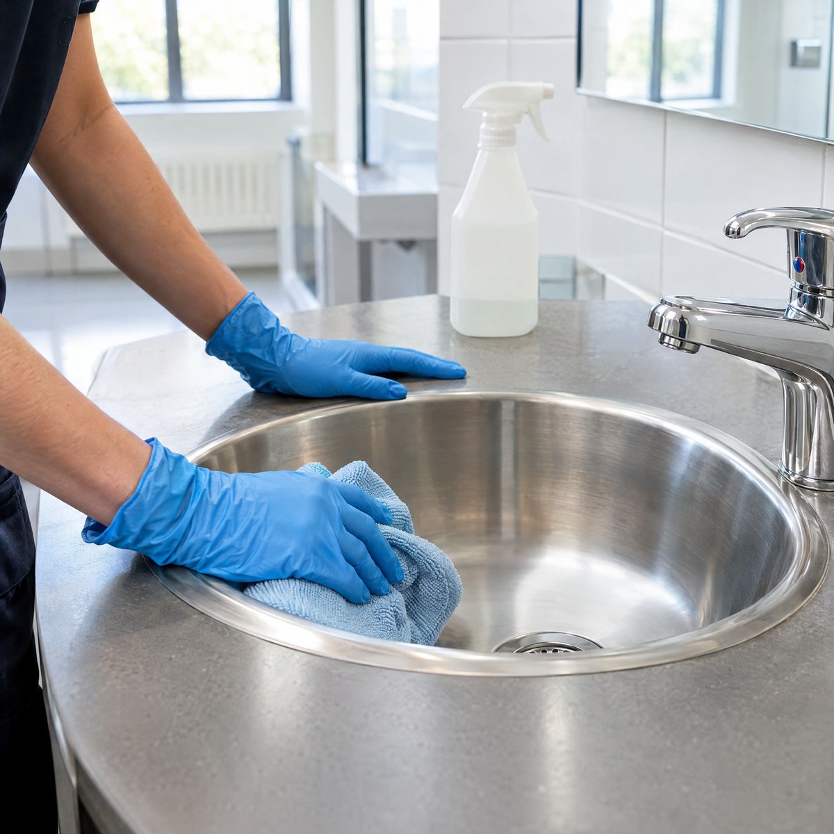 Reinigung eines Edelstahl-Waschbeckens mit Handschuhen und Mikrofasertuch