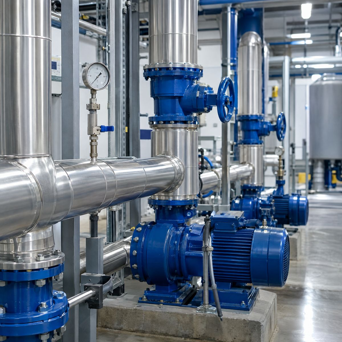 Rohrleitungen, Pumpen und Manometer eines industriellen Kühlkreislaufs